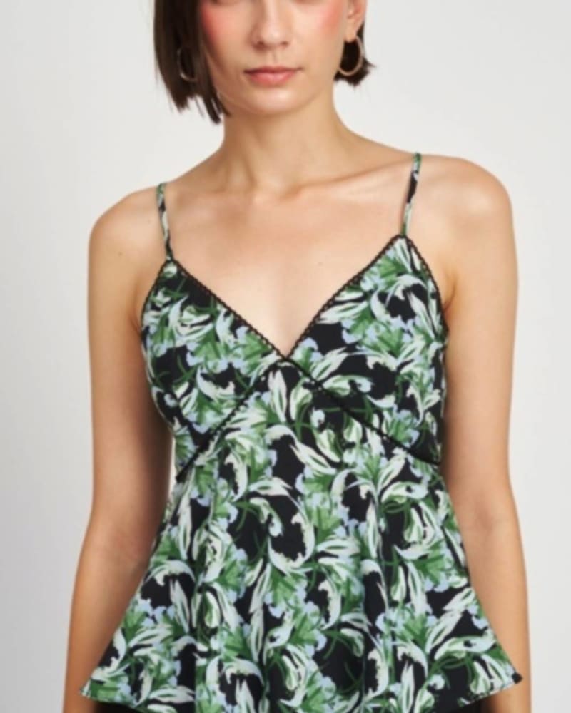 Front of a model wearing a size L Istella Cami Top in Black Moss in Black Moss by En Saison. | dia_product_style_image_id:333816